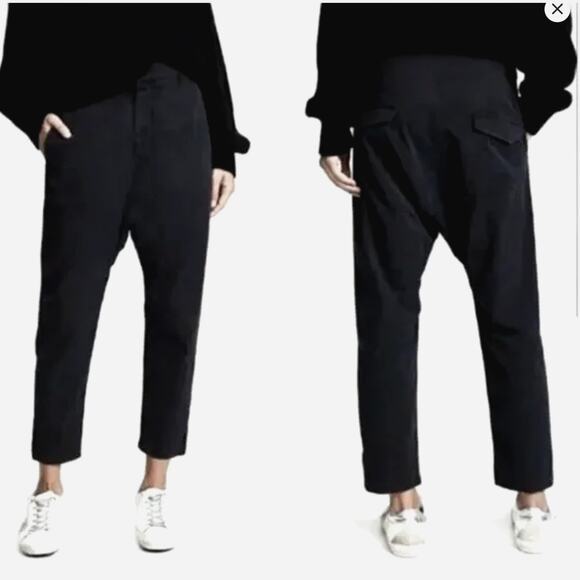 Nili Lotan 4 Slouchy Paris Pants $345 Drop Crotch Cotton Crop Baggy Washed Black
